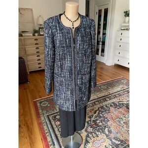 Venus Womens Blue Black Metallic Tweed Zip Front Longline Jacket Blazer Size 12